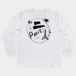 Black drawing with a red heart. Stylish print on the theme of Paris. Kids Long Sleeve T-Shirt